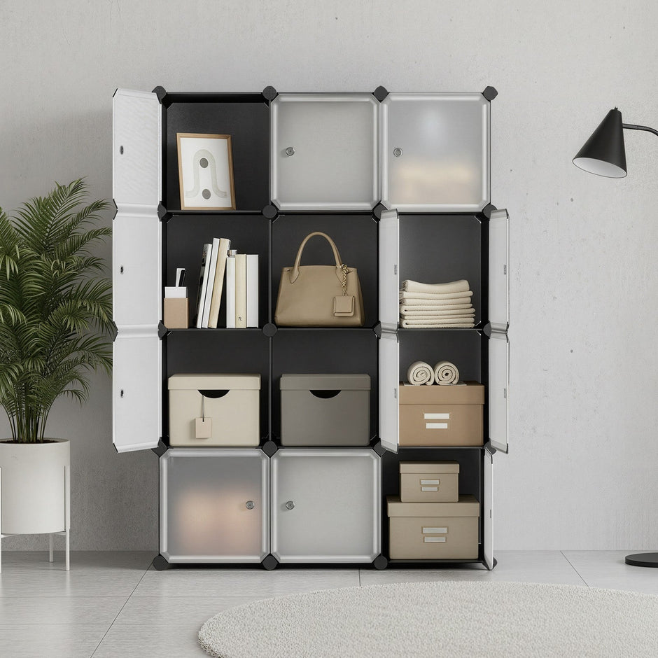 Modular Storage Shelf – Plastic – Black – 12 Cube Design with Doors, Easy to Assemble