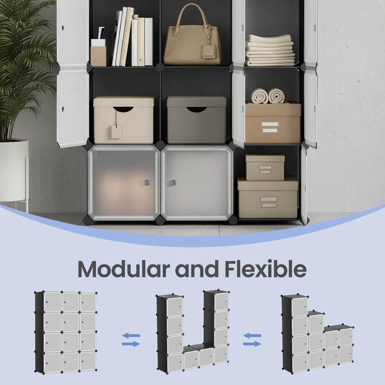 Modular Storage Shelf – Plastic – Black – 12 Cube Design with Doors, Easy to Assemble