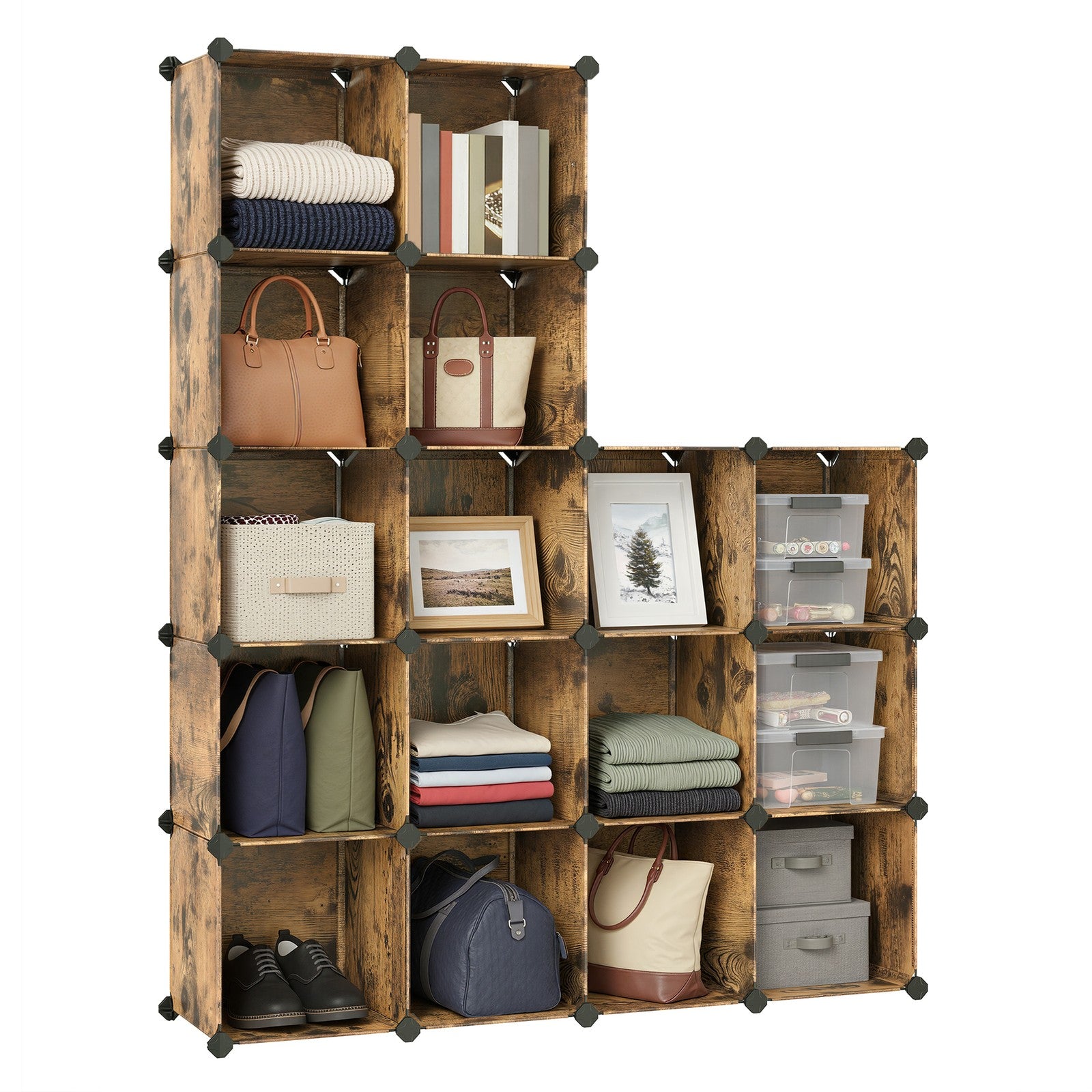 16-Cube Storage Organizer – PP Plastic – Rustic Brown – Stackable and Versatile Shelving System