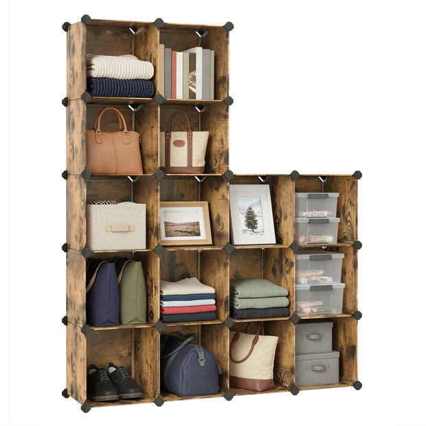16-Cube Storage Organizer – PP Plastic – Rustic Brown – Stackable and Versatile Shelving System