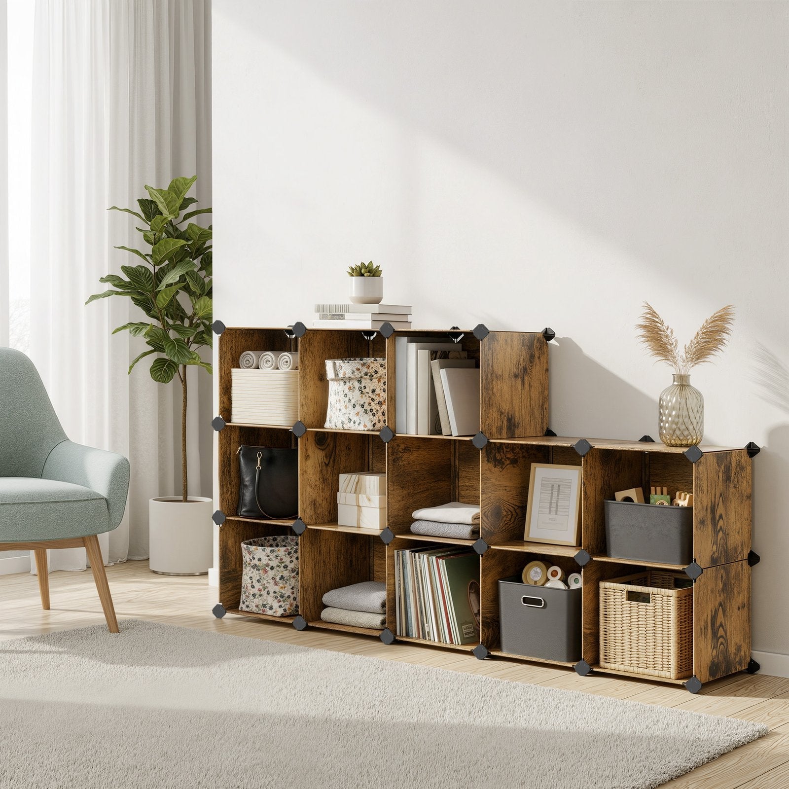 16-Cube Storage Organizer – PP Plastic – Rustic Brown – Stackable and Versatile Shelving System