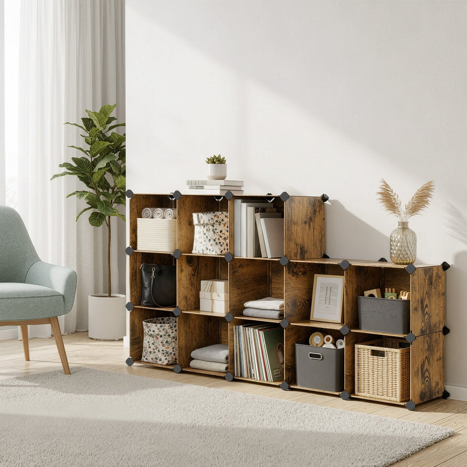 16-Cube Storage Organizer – PP Plastic – Rustic Brown – Stackable and Versatile Shelving System