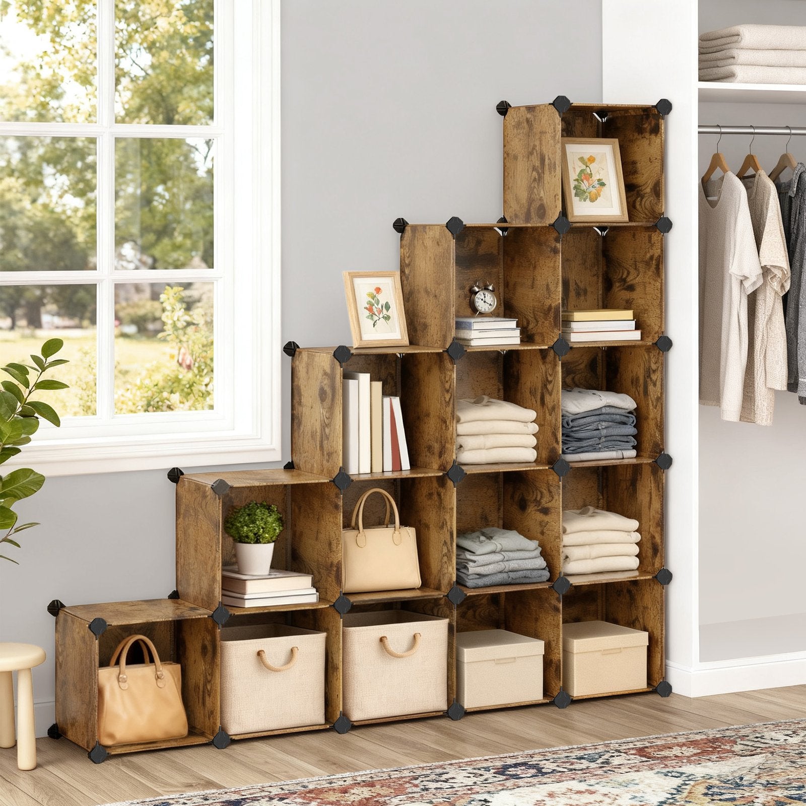 16-Cube Storage Organizer – PP Plastic – Rustic Brown – Stackable and Versatile Shelving System