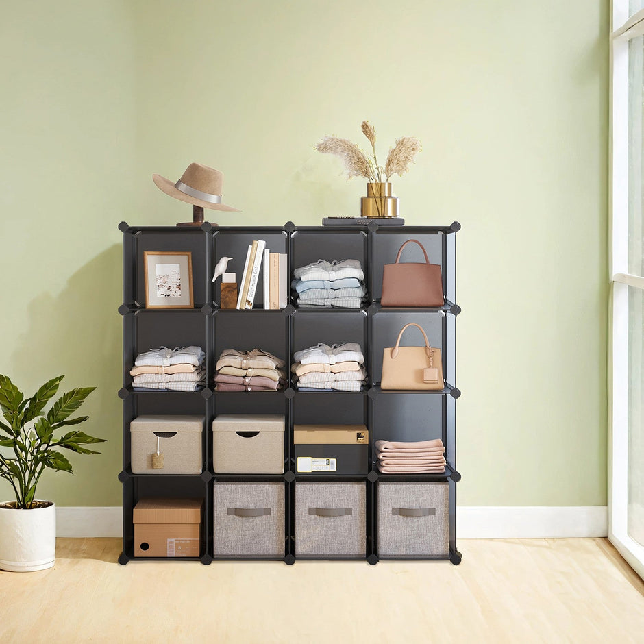 16-Cube Storage Organizer – PP Plastic – Rustic Brown – Stackable and Versatile Shelving System