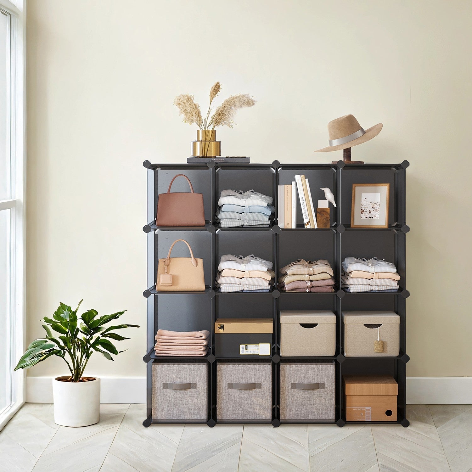 16-Cube Storage Organizer – PP Plastic – Rustic Brown – Stackable and Versatile Shelving System