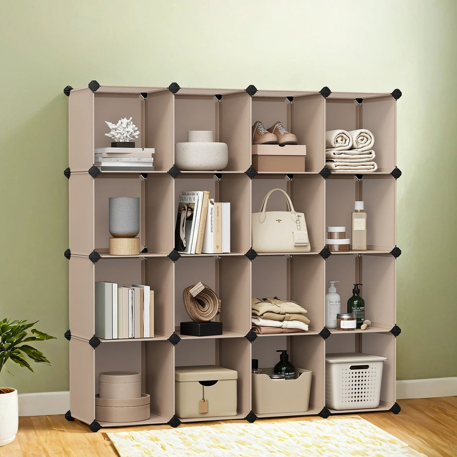 16-Cube Storage Organizer – PP Plastic – Rustic Brown – Stackable and Versatile Shelving System