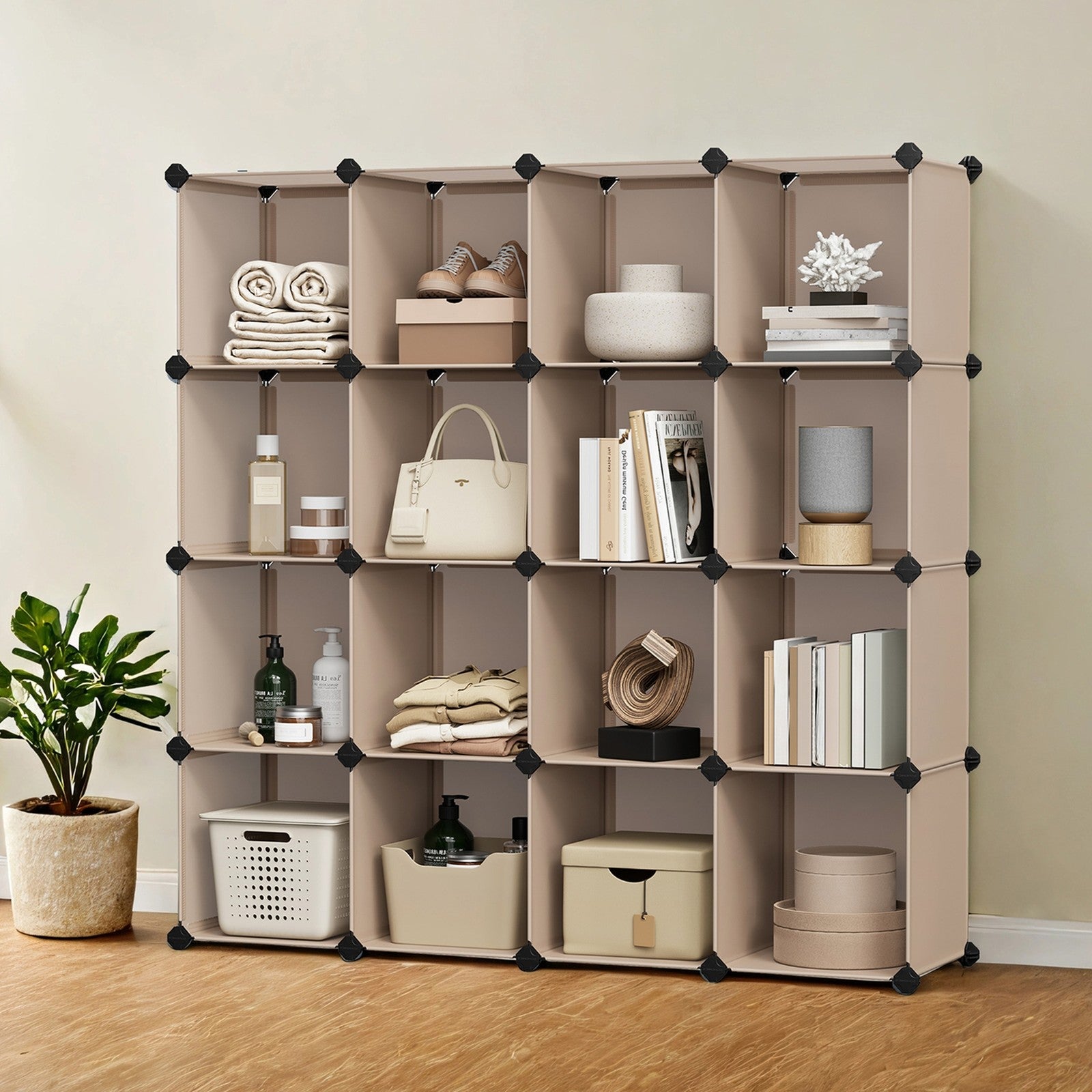 16-Cube Storage Organizer – PP Plastic – Rustic Brown – Stackable and Versatile Shelving System