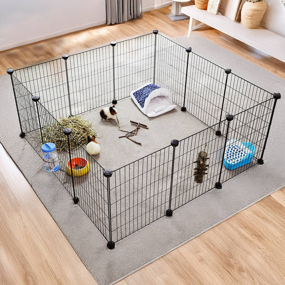 Guinea Pig Cage – Metal – Black – Expandable 12-Panel Indoor Playpen with Accessories