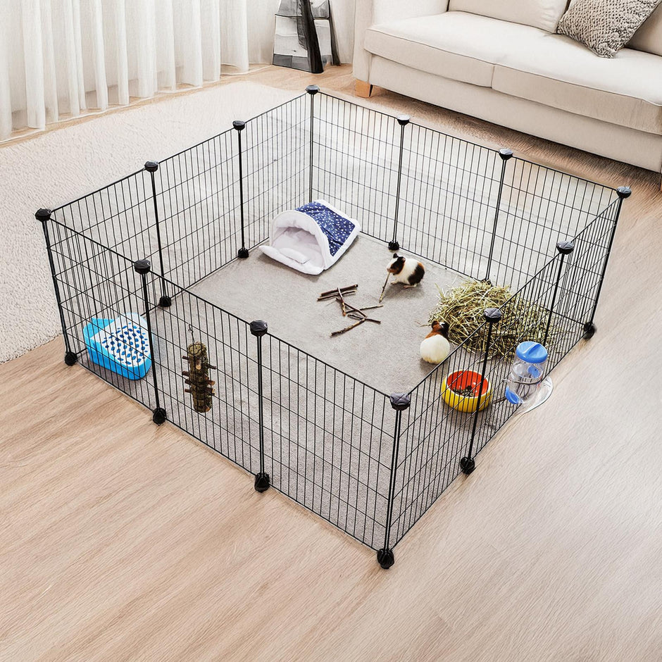 Guinea Pig Cage – Metal – Black – Expandable 12-Panel Indoor Playpen with Accessories