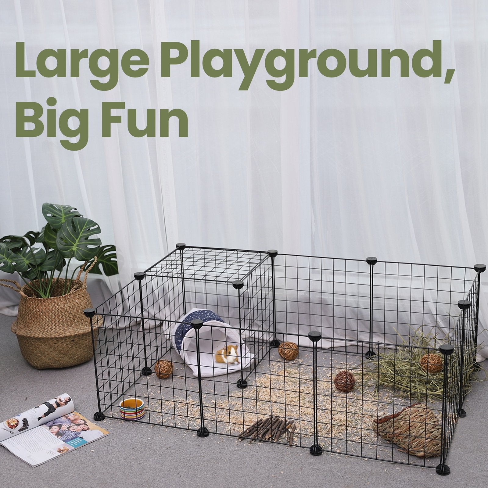 Guinea Pig Cage – Metal – Black – Expandable 12-Panel Indoor Playpen with Accessories