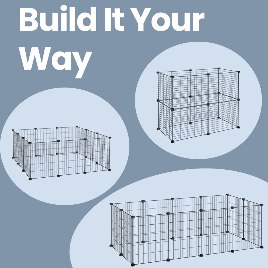 Guinea Pig Cage – Metal – Black – Expandable 12-Panel Indoor Playpen with Accessories