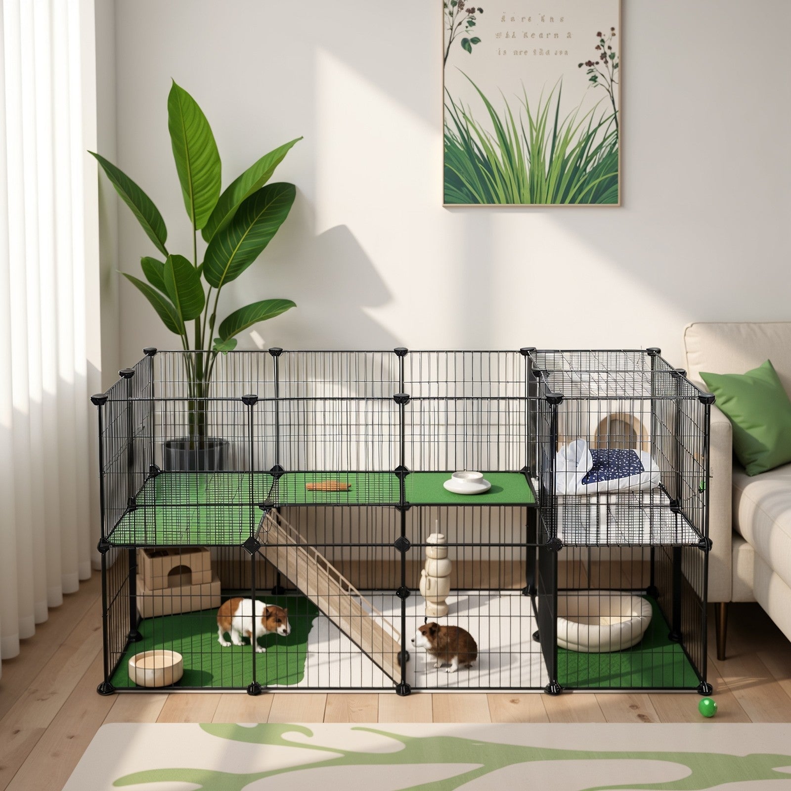 Small Animal Playpen – Metal – Black – Two Floors Customizable with Zip Ties Included