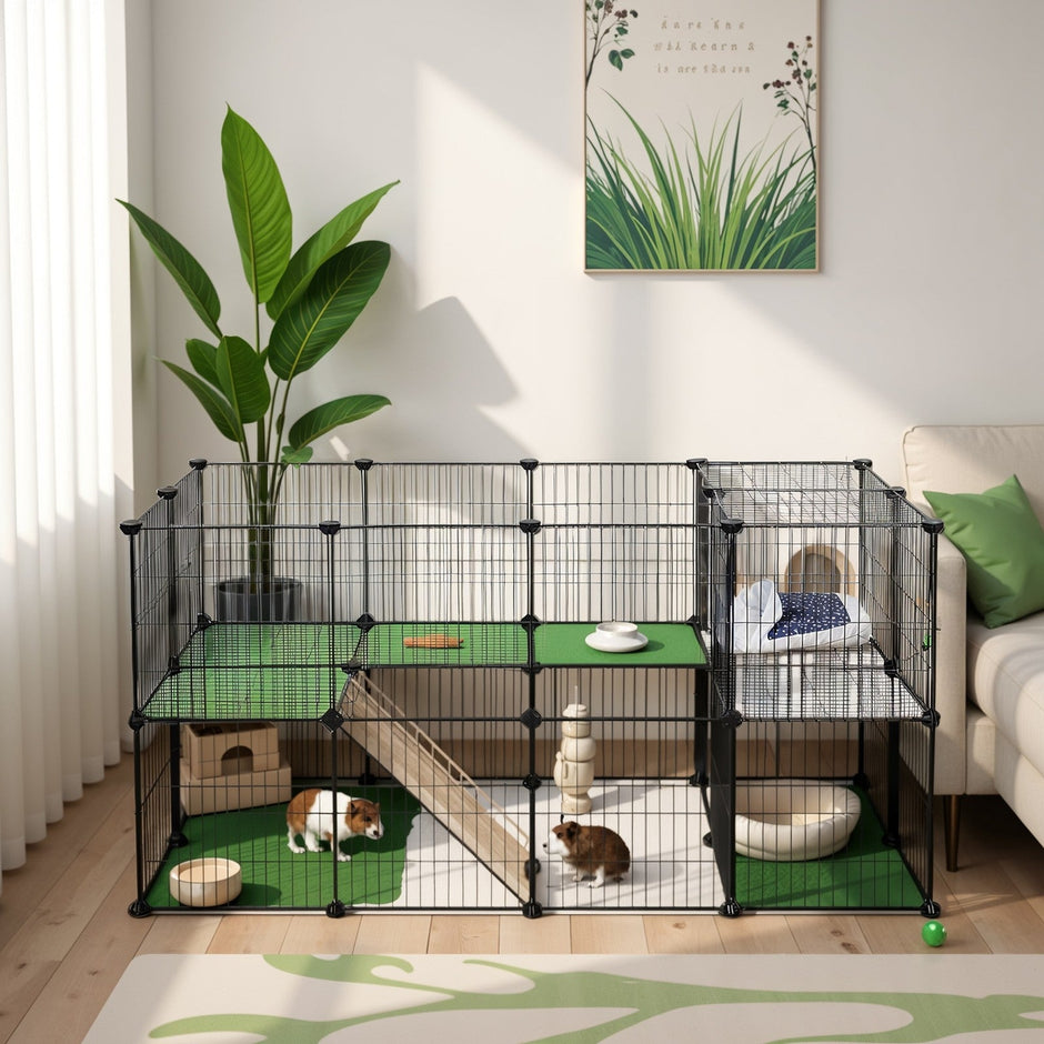 Small Animal Playpen – Metal – Black – Two Floors Customizable with Zip Ties Included