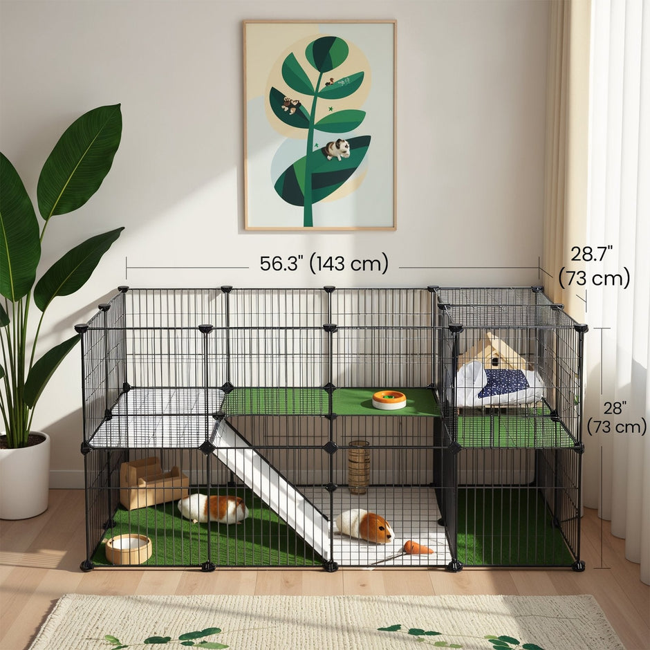 Small Animal Playpen – Metal – Black – Two Floors Customizable with Zip Ties Included