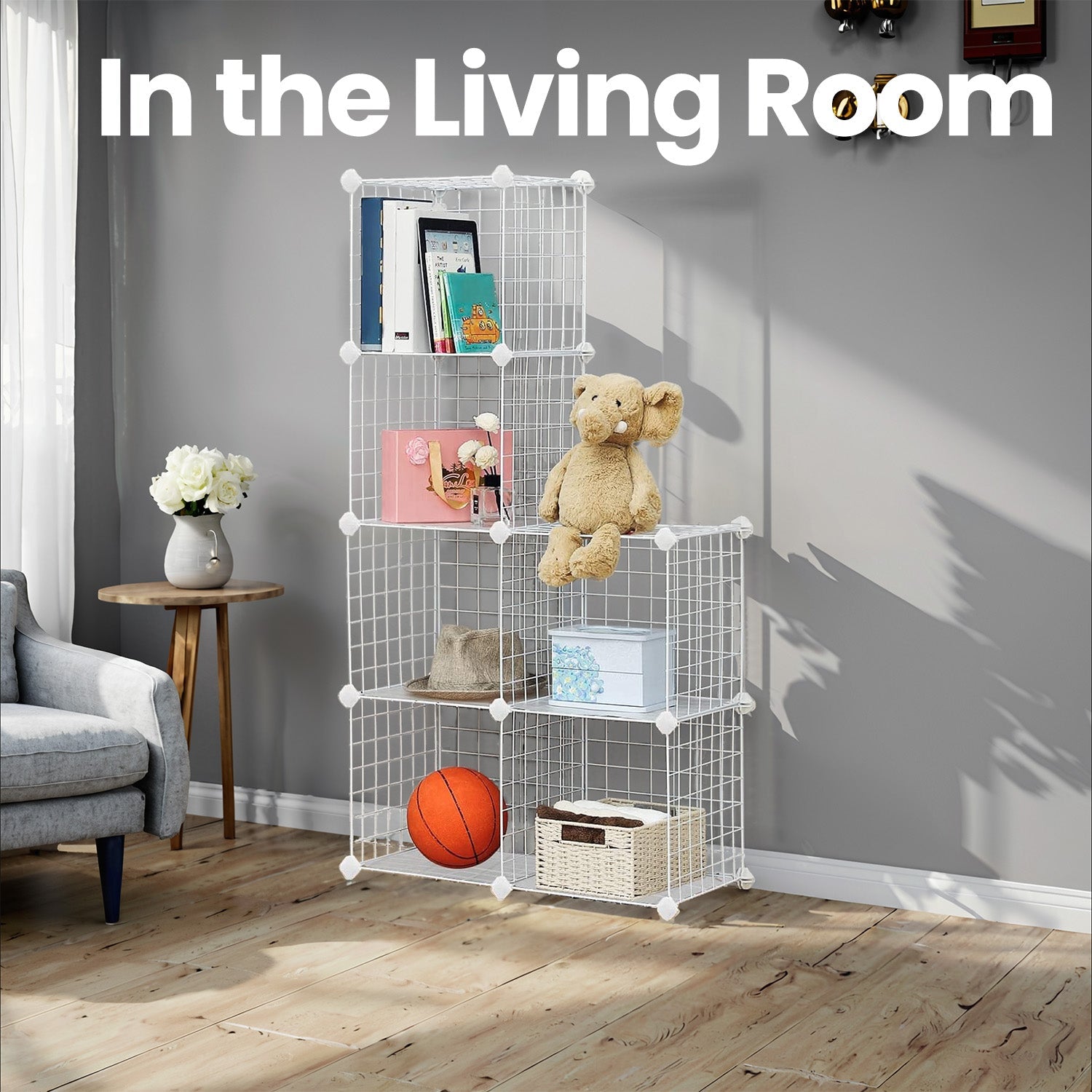 6-Compartment Storage Cabinet – Metal Wire – Black – Interlocking Shelving Unit with Free Rubber Mallet