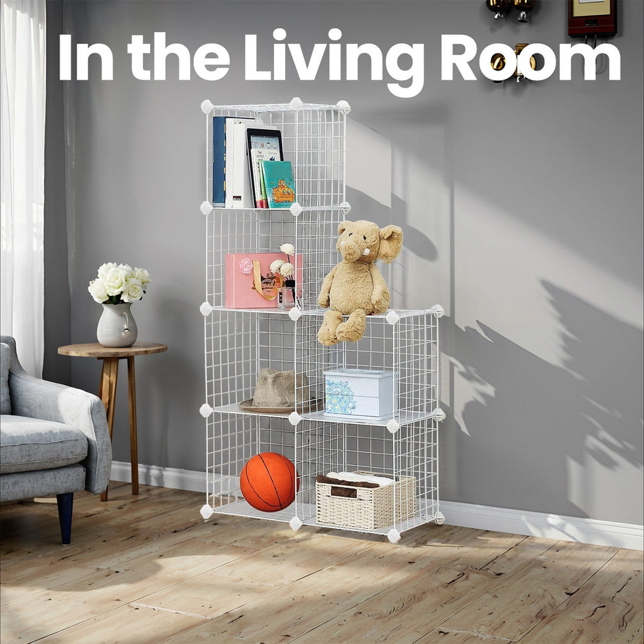6-Compartment Storage Cabinet – Metal Wire – Black – Interlocking Shelving Unit with Free Rubber Mallet