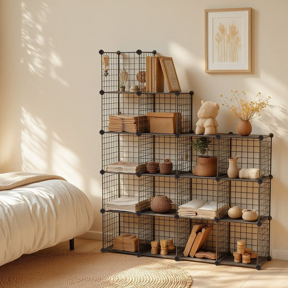 Modular Wire Grid Shelving System – Metal Mesh – White – Customizable Storage Cabinet with 16 Cubes