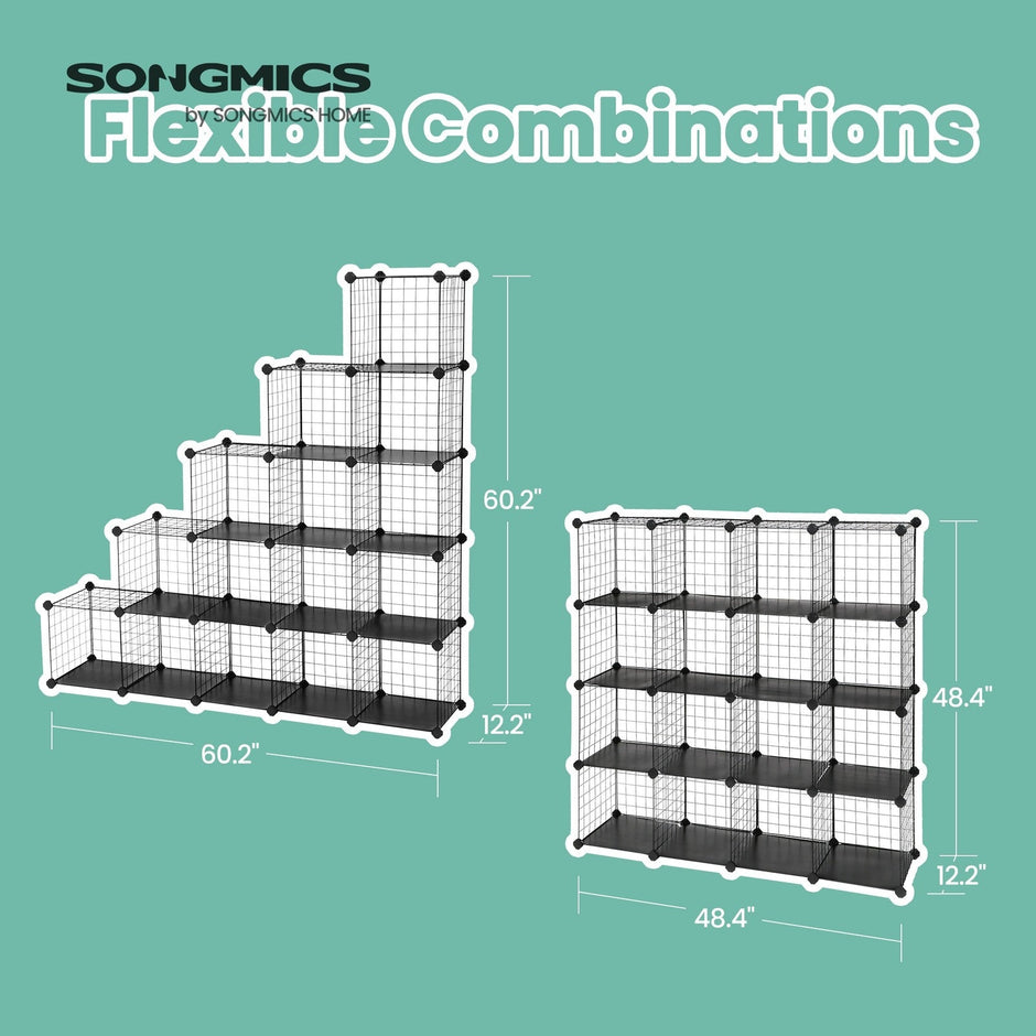 Modular Wire Grid Shelving System – Metal Mesh – White – Customizable Storage Cabinet with 16 Cubes