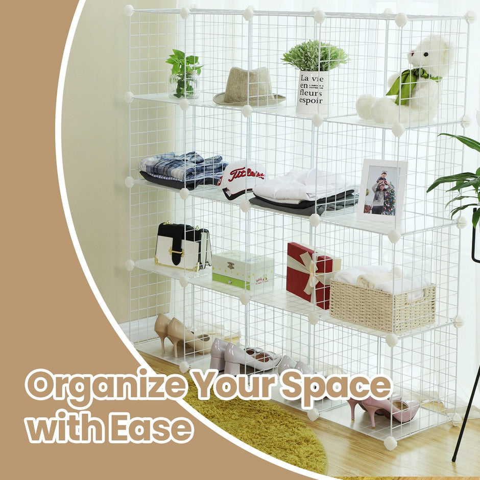 Modular Wire Grid Shelving System – Metal Mesh – White – Customizable Storage Cabinet with 16 Cubes