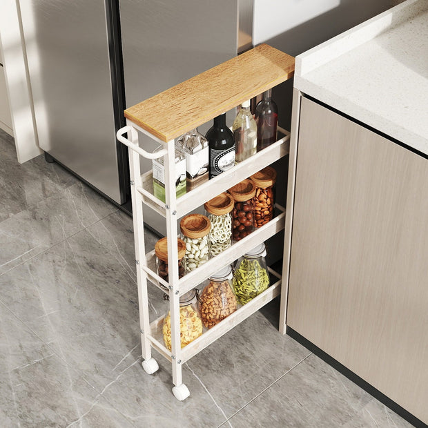 4-Tier Slim Rolling Cart – Oak Beige and White – Versatile Storage Solution with Handle