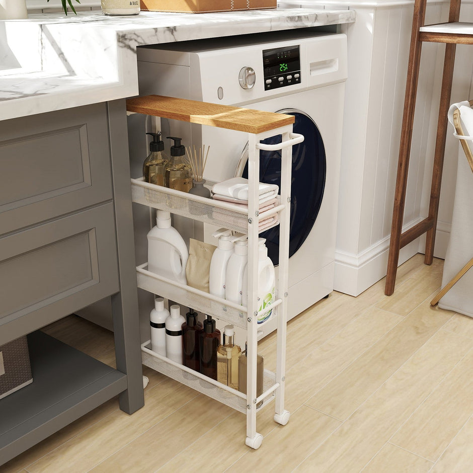 4-Tier Slim Rolling Cart – Oak Beige and White – Versatile Storage Solution with Handle
