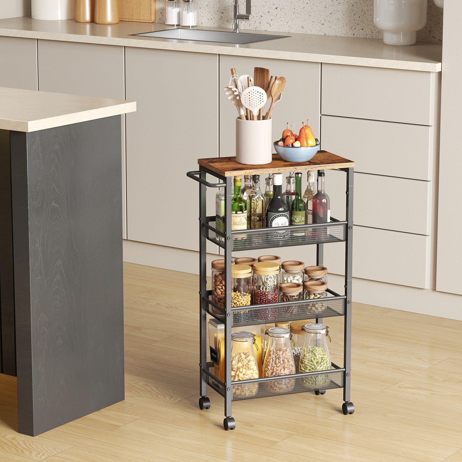 4-Tier Rolling Storage Cart – Steel – Black – Space-Saving Design with Handle