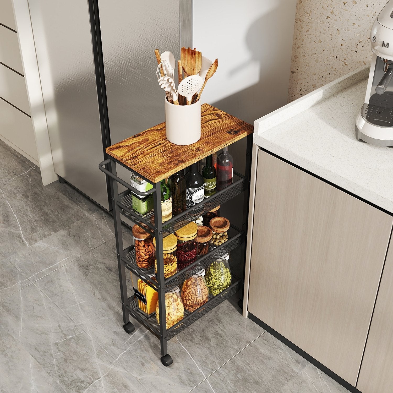 4-Tier Rolling Storage Cart – Steel – Black – Space-Saving Design with Handle