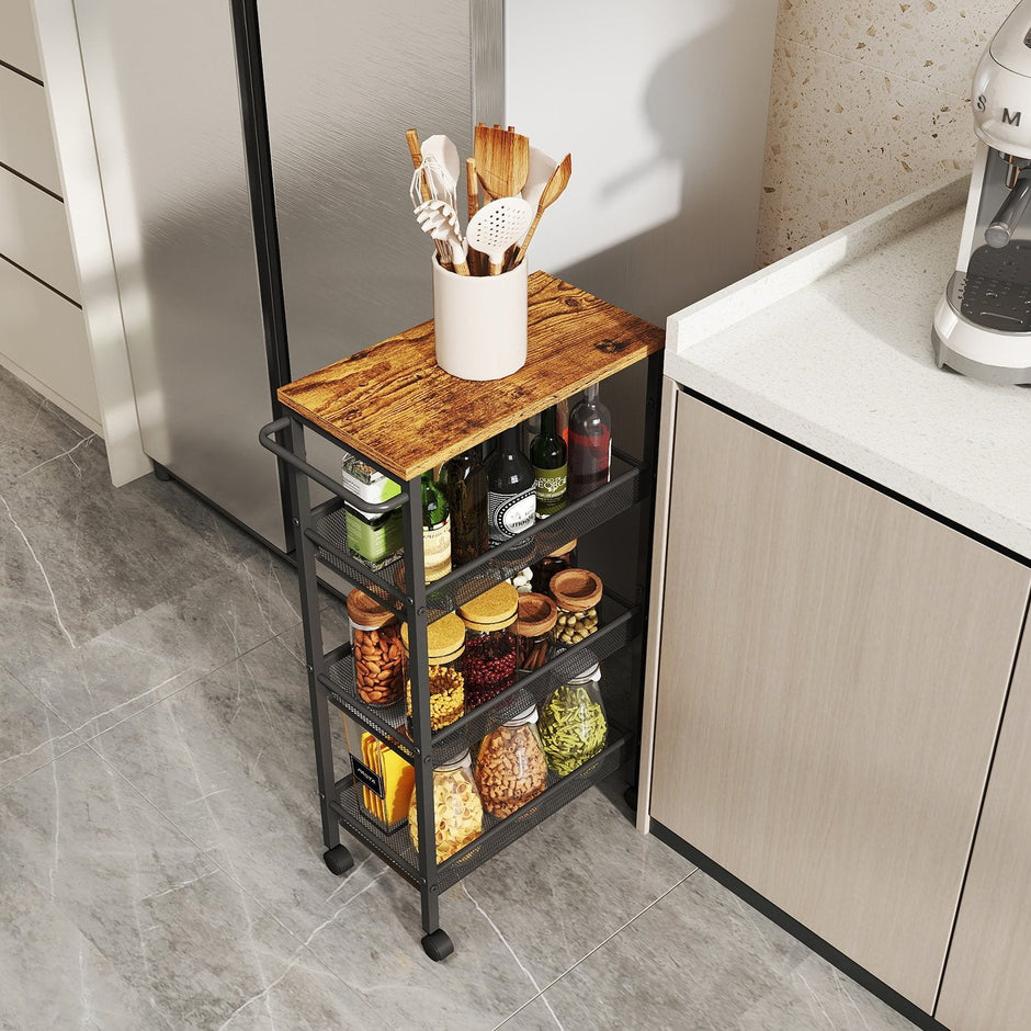 4-Tier Rolling Storage Cart – Steel – Black – Space-Saving Design with Handle