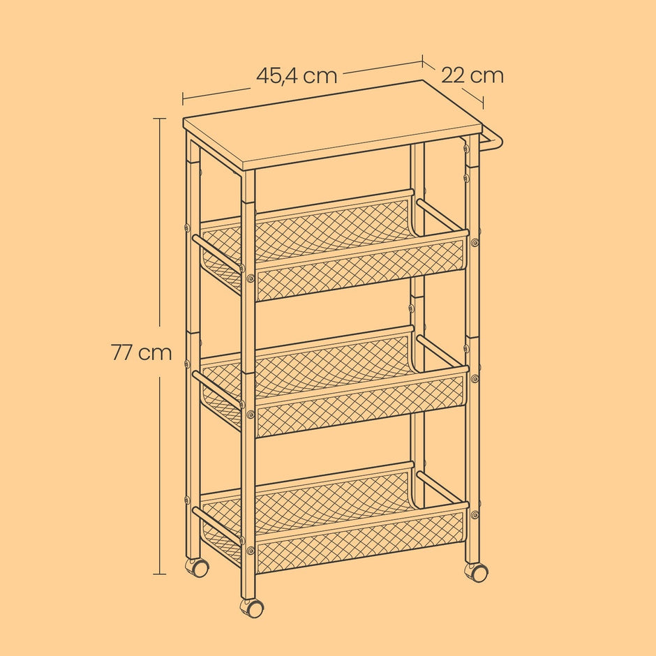 4-Tier Rolling Storage Cart – Steel – Black – Space-Saving Design with Handle