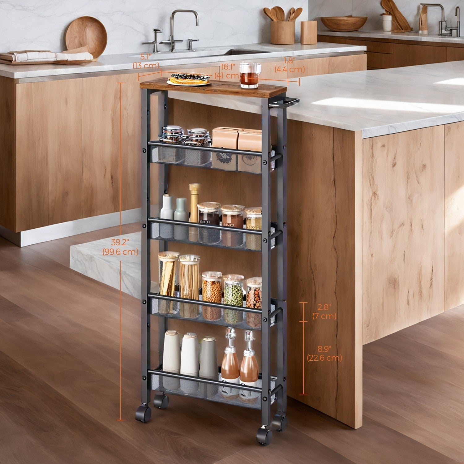 5-Tier Rolling Storage Cart – Metal Frame – Rustic Brown and Black – Slim Design with Handle