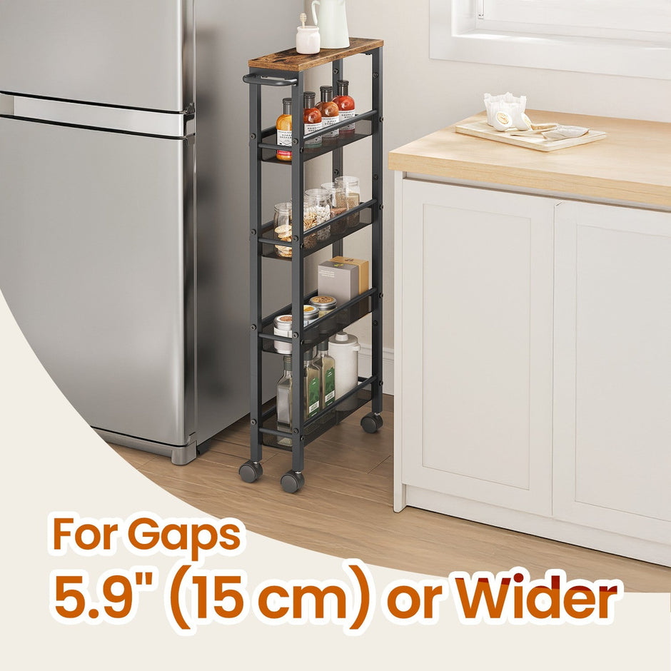 5-Tier Rolling Storage Cart – Metal Frame – Rustic Brown and Black – Slim Design with Handle