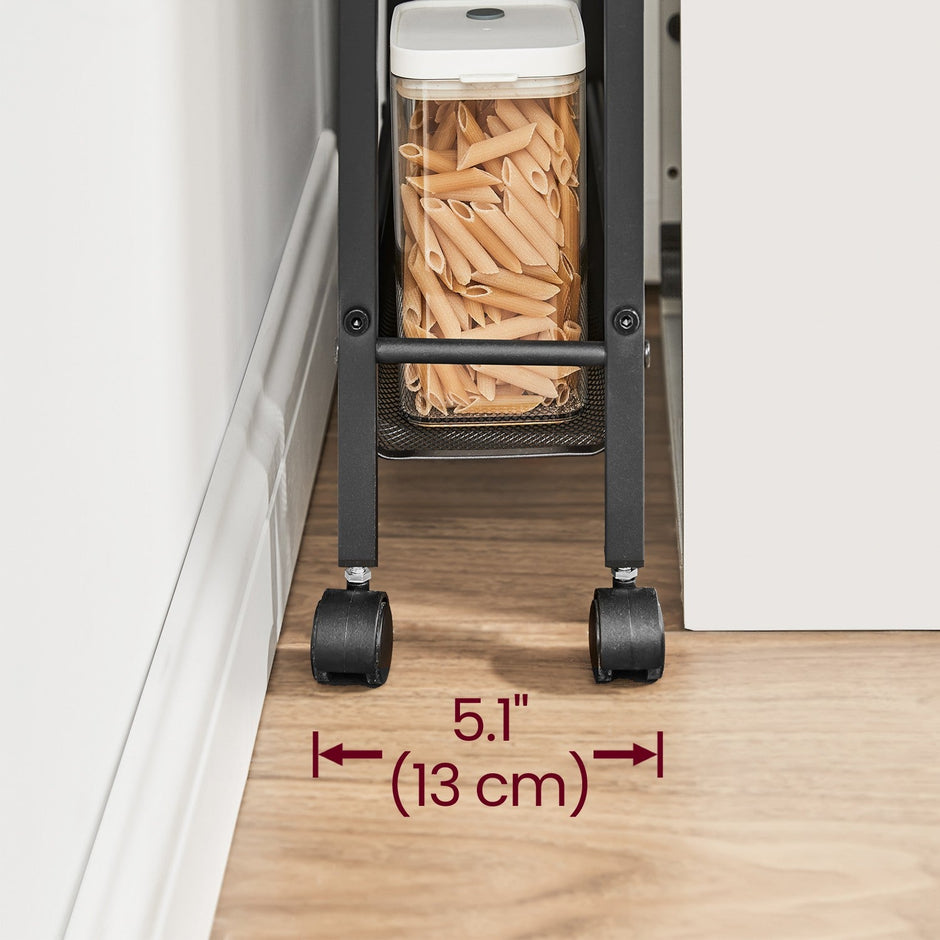 5-Tier Rolling Storage Cart – Metal Frame – Rustic Brown and Black – Slim Design with Handle