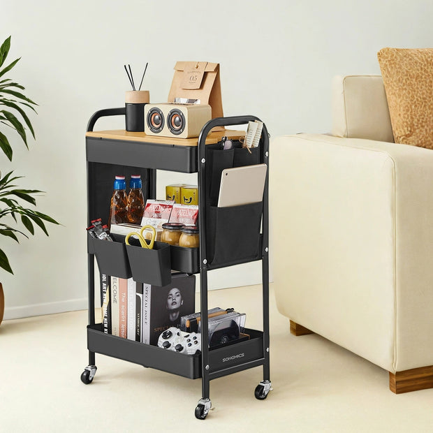 3-Tier Storage Trolley – Metal and Wood – Cloud White – Rolling Utility Cart with Table Top and Removable Hanging Cups