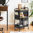 3-Tier Storage Trolley – Metal and Wood – Cloud White – Rolling Utility Cart with Table Top and Removable Hanging Cups