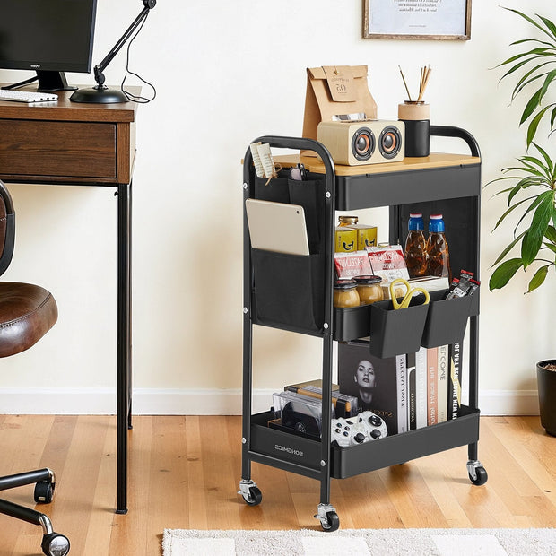 3-Tier Storage Trolley – Metal and Wood – Cloud White – Rolling Utility Cart with Table Top and Removable Hanging Cups