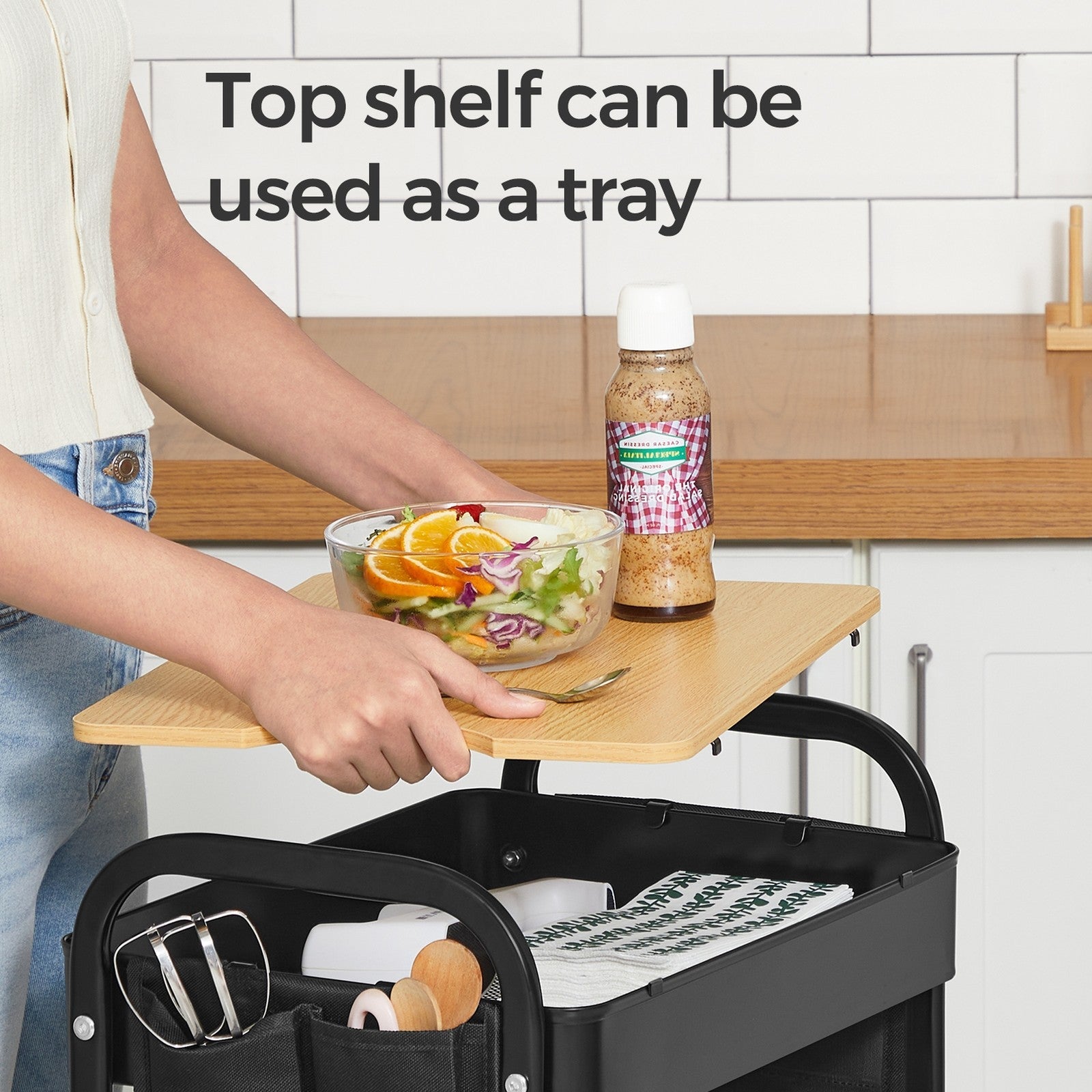3-Tier Storage Trolley – Metal and Wood – Cloud White – Rolling Utility Cart with Table Top and Removable Hanging Cups
