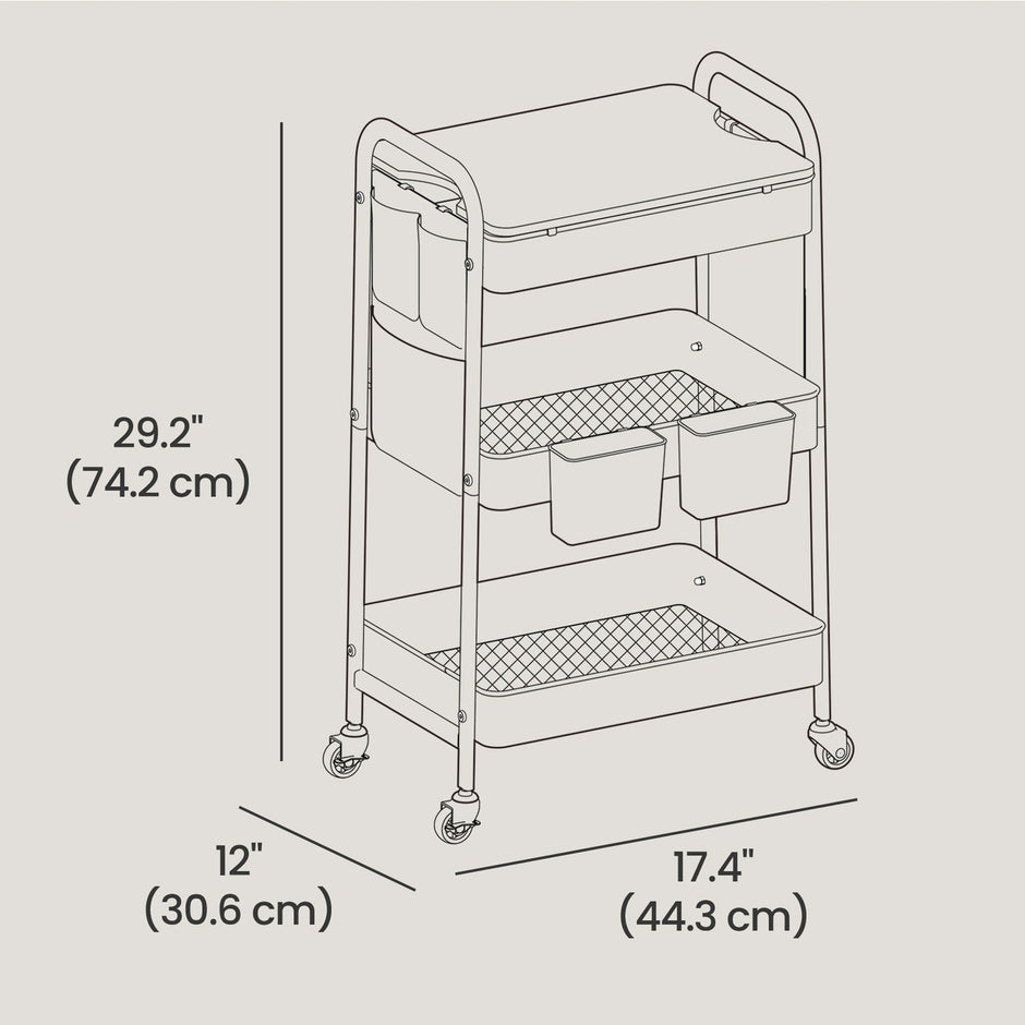 3-Tier Storage Trolley – Metal and Wood – Cloud White – Rolling Utility Cart with Table Top and Removable Hanging Cups