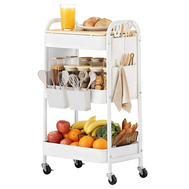 Utility Cart – Metal and Wood – Cloud White – 3-Tier with Tabletop and Removable Hanging Cups
