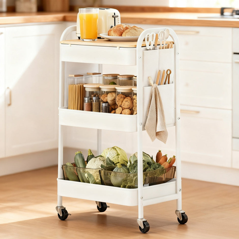 Utility Cart – Metal and Wood – Cloud White – 3-Tier with Tabletop and Removable Hanging Cups