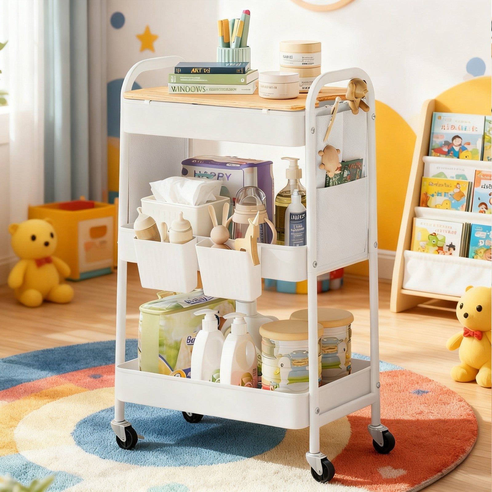 Utility Cart – Metal and Wood – Cloud White – 3-Tier with Tabletop and Removable Hanging Cups