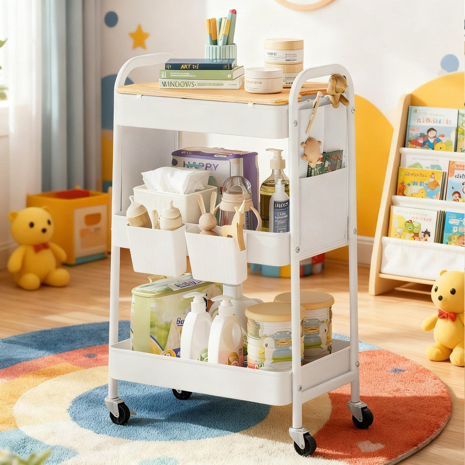 Utility Cart – Metal and Wood – Cloud White – 3-Tier with Tabletop and Removable Hanging Cups