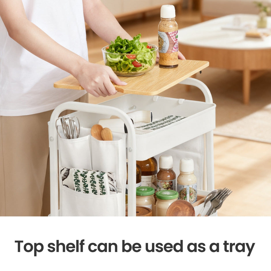 Utility Cart – Metal and Wood – Cloud White – 3-Tier with Tabletop and Removable Hanging Cups
