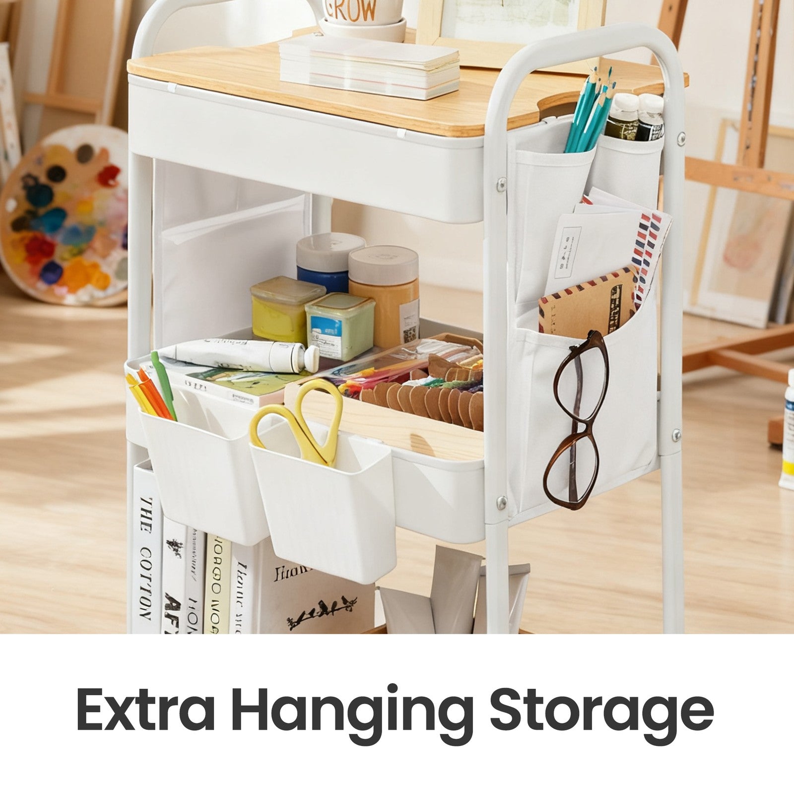 Utility Cart – Metal and Wood – Cloud White – 3-Tier with Tabletop and Removable Hanging Cups