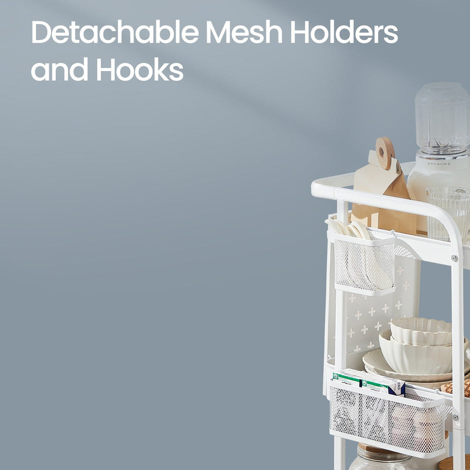 Rolling Utility Cart – Metal Mesh – Cloud White – 3-Tier with Removable Pegboards