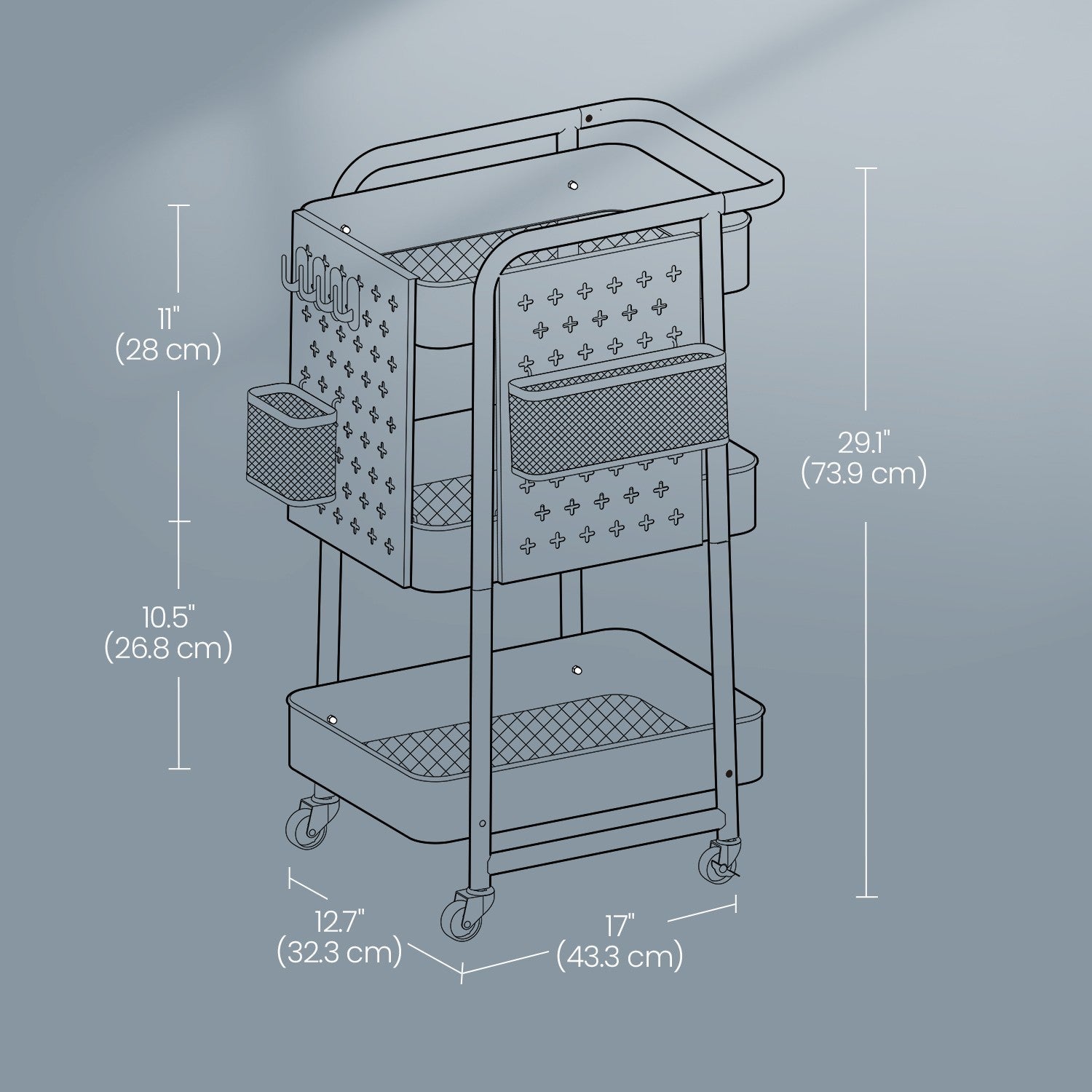 Rolling Utility Cart – Metal Mesh – Cloud White – 3-Tier with Removable Pegboards