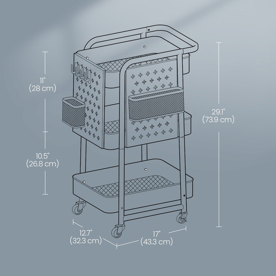 Rolling Utility Cart – Metal Mesh – Cloud White – 3-Tier with Removable Pegboards