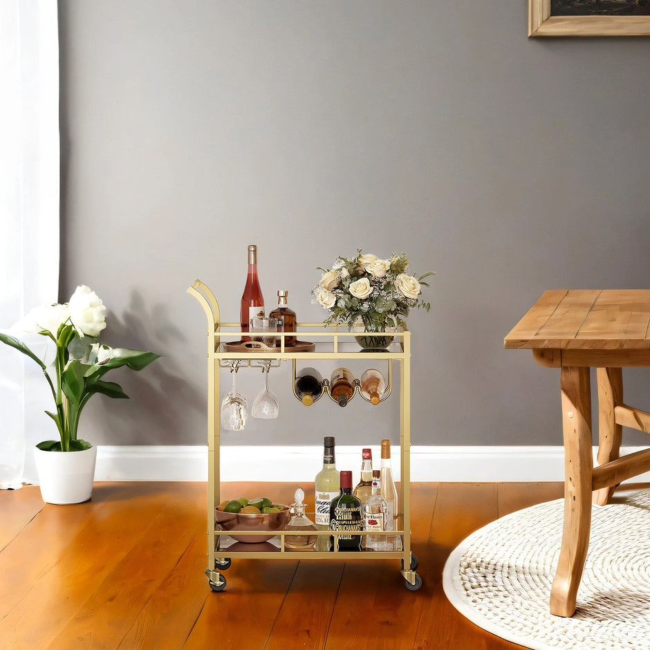 Bar Cart – Metal and Glass – Mirrored – Dual Shelves and Wine Holders