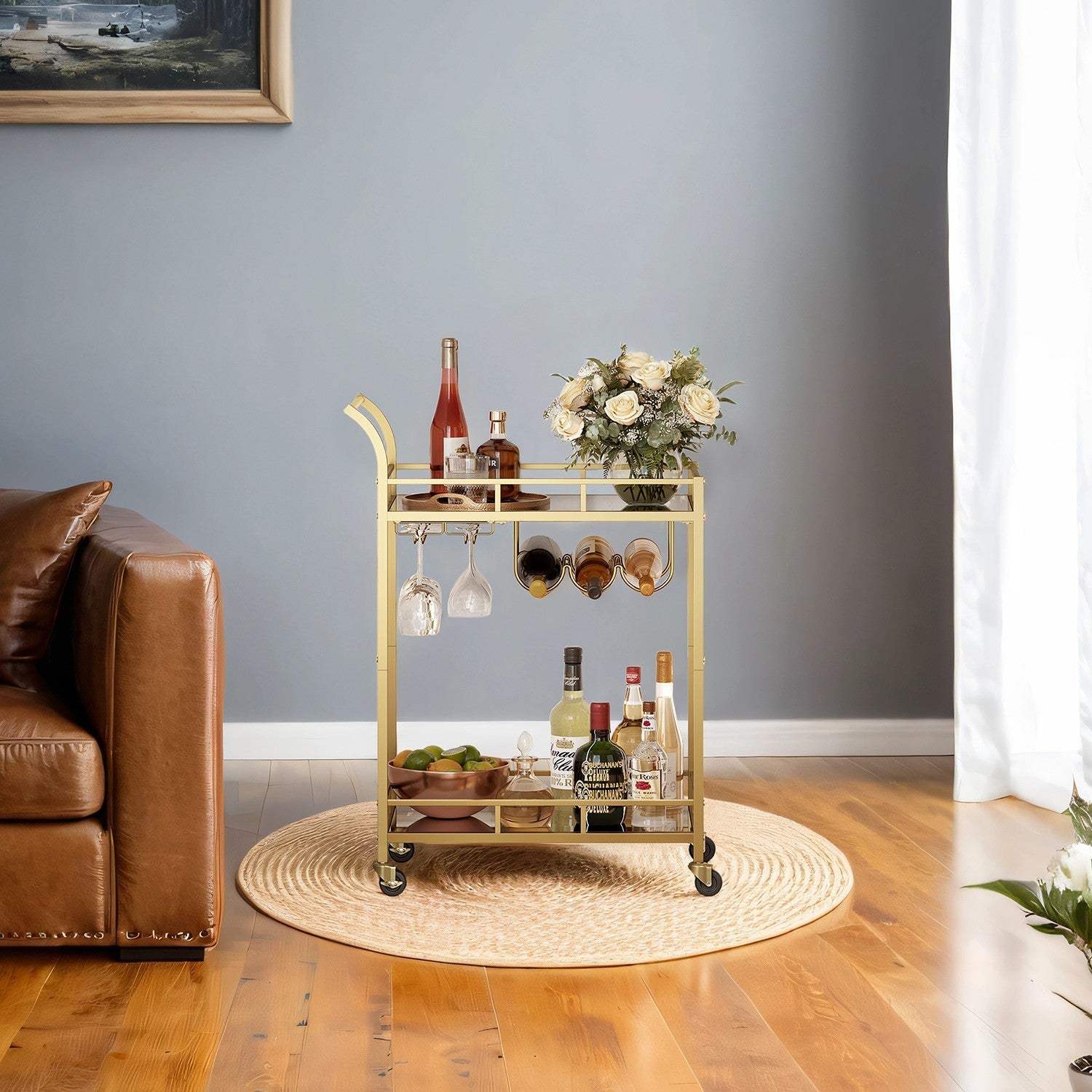 Bar Cart – Metal and Glass – Mirrored – Dual Shelves and Wine Holders