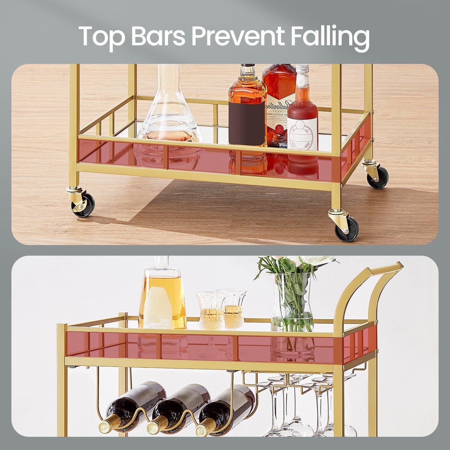 Bar Cart – Metal and Glass – Mirrored – Dual Shelves and Wine Holders
