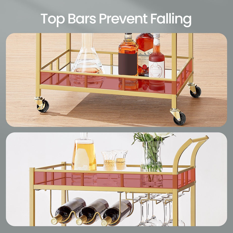 Bar Cart – Metal and Glass – Mirrored – Dual Shelves and Wine Holders
